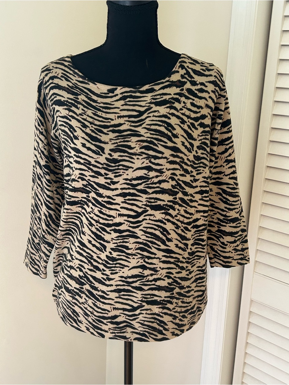 Charter Club Beige and Black Animal Print Scoop Neck Sweater